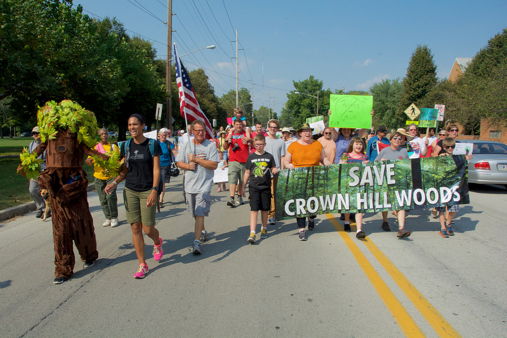 50+ Indianapolis residents gather to protest the destruction of the Crown Hill North Woods on Sept. 25, 2016. Photo credit: Daniel Axler.